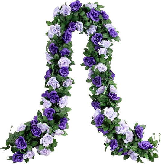 2 Pack 16FT Artificial Rose Garland - Dual Tone Light/Dark Purple Silk Flower Vines for Wedding Arch, Mother's Day, Home Office Décor (32 Roses)