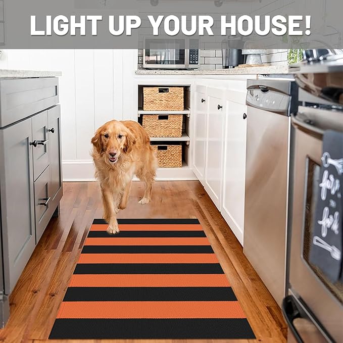IOHOUZE Fall Door mat 27.5" x 43" Orange Black Striped Area Rug Washable Front Porch Rug Striped Door Mat Outside Entrance Entryway Doormat for Fall, Halloween, Thanksgiving Porch Decor