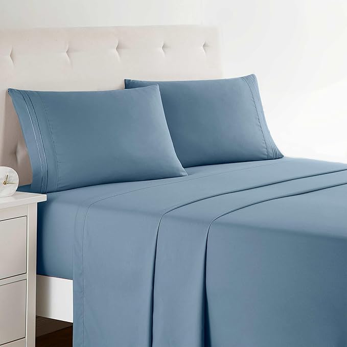 Clara Clark Bed Sheets, Premier 1800 Series Bed Sheet Set, Deep Pocket, Wrinkle, Fade, Stain Resistant, Luxury Soft Bedding Sheets & Pillowcases, Twin, Stone Blue