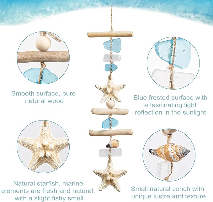 JQAQJU Sea Glass Wooden Nautical Wall Decor, Coastal Starfish Bathroom Decor Sea Shells, Driftwood Beach Room Decor for Home Indoor Outdoor, Coastal Wall Art for Living Room, Bedroom and Dining Room
