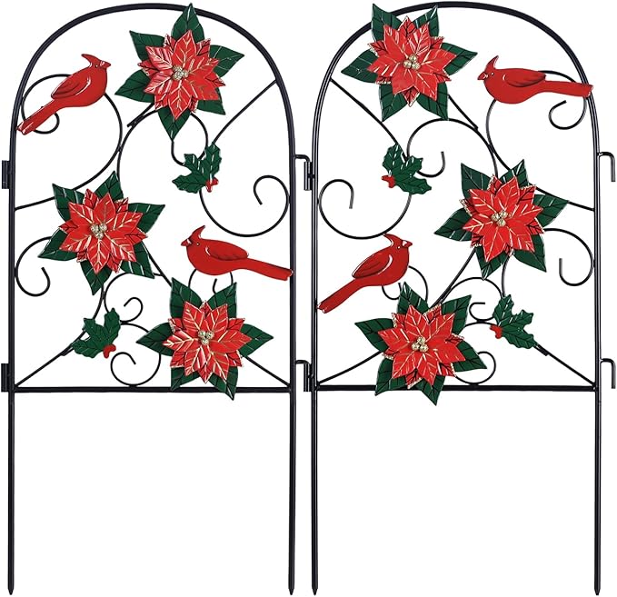 hogardeck Outdoor Christmas Decorations, 2 Pcs Metal Fence Floral Decorative Garden Stakes with Poinsettia Red Birds for Christmas Decor, Yard Signs for Garden Lawn Patio Home