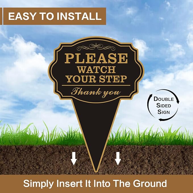 Double Sided Yard Sign, 2PACK-10"x14" Caution Watch Your Step Garden with Stake, Rust-Free Metal Please Watch Your Step Sign Outdoor, UV Printed Safety Sign for Walkway or Lawn (WATCH YOUR STEP-2PACK)