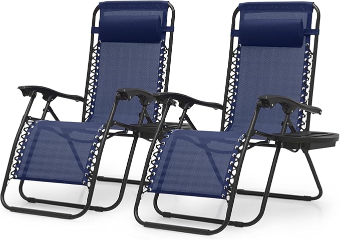 Magshion Zero Gravity Lounge Chairs Set of 2, Outdoor Patio Reclining Chair with Side Tray, Adjustable Anti-Gravity Recliners with Pillow Headrest, Folding Lounger for Lawn Camping Beach, Navy Blue