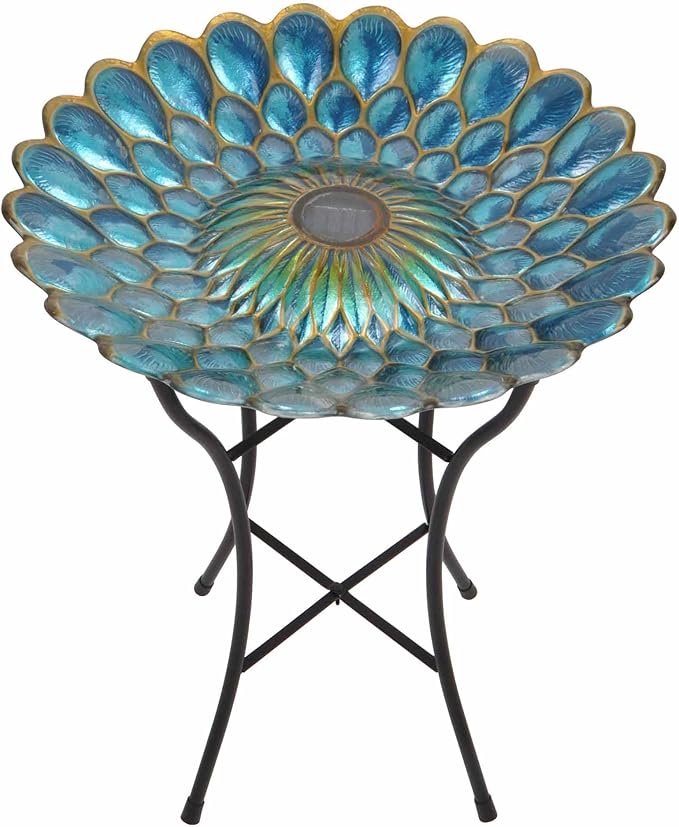 Peaktop Handpainted Mosaic Fusion Glass Solar Birdbath Bowl Feeder with LED Light for Outdoor Patio Garden Backyard Decking, 21 Inch Height, Blue