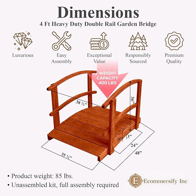 4 FT Cedar Amish Made Garden Bridge with Double Rails for Walkway, Backyard Pond & Landscaping, Outdoor Wooden Footbridge for Koi Pond, Japanese Style Decorative Bridge, Made in USA