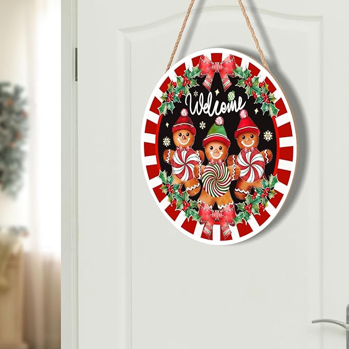 Christmas Gingerbread Man Welcome Door Sign For Front Door Decor,Red White Stripes Holly Berry Wooden Sign 12"x 12" Round Wood Hanging Door Sign Christmas Decoration for Wall Rustic Decor