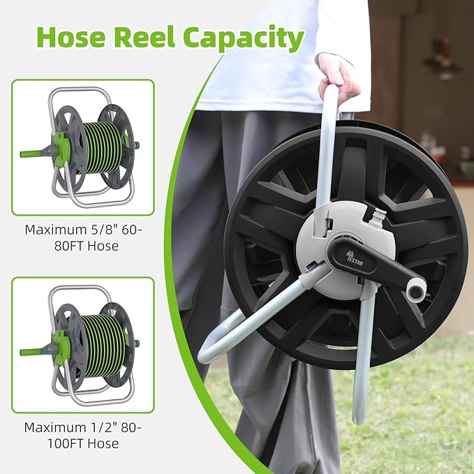 Water Hose Reel Cart, Holds 60-80 Ft of 5/8 Inch Hose, Black Wall Mounted Garden Hose Cart, Portable Hose Reel for Convenient Storage and Watering