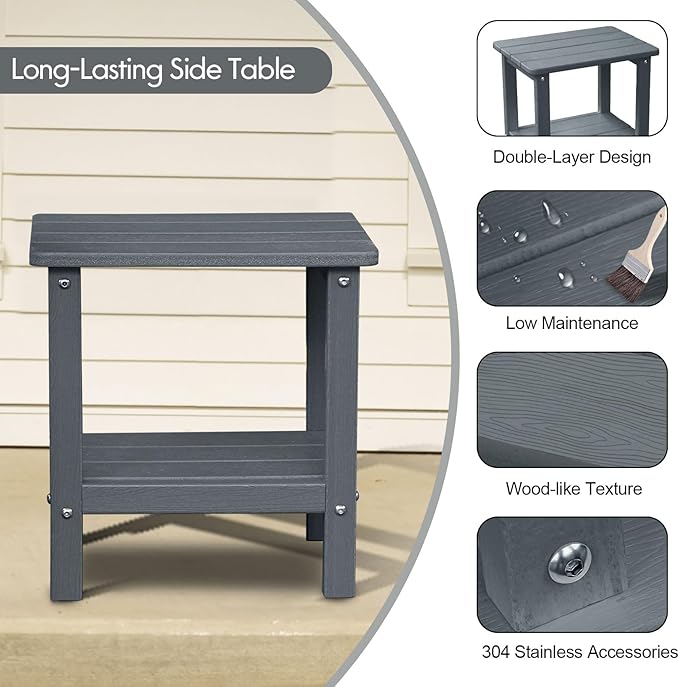 Folding Adirondack Chairs, Oversized HDPE Adirondack Chairs with Side Table and Cup Holder, Outdoor Fire Pit Chairs for Patio Garden and Backyard, Deck, Grey