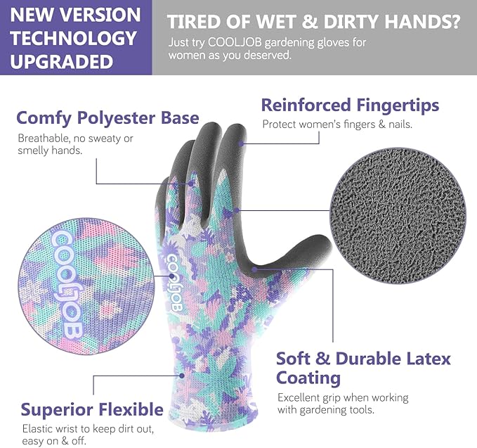COOLJOB Colorful Gardening Gloves Best Gift for Women Ladies, 2 Pairs Breathable Rubber Coated Garden Gloves, Outdoor Protective Work Gloves, Varied Colors, Size Medium, 2 Pairs M