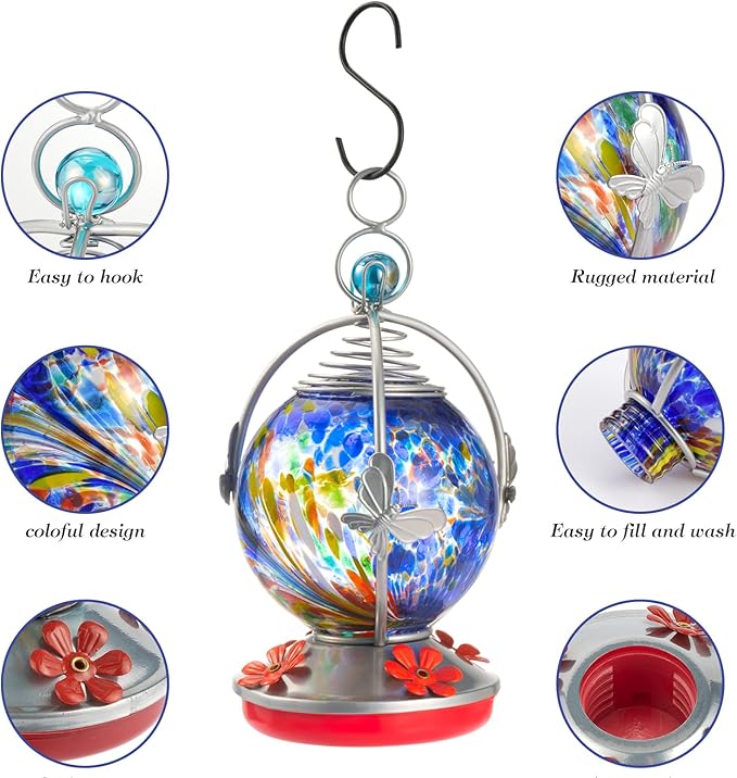 Backyard Expressions Glass Hummingbird Feeder - Purple - Hummingbird Feeders for Outdoors Hanging, Hand Blown Glass Hummingbird Feeder with Spiral Pattern