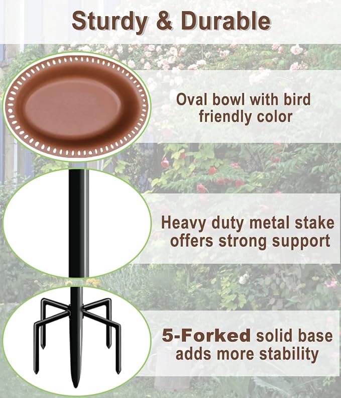 Garbuildman Upgraded 5-Prong Base Bird Bath with Metal Stake, Detachable Decoration Bowl Spa & Freestanding Birdfeeder for Outdoor Garden, Oval Style, Brown
