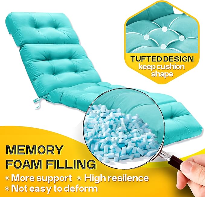 MAGIC ELEPHANT Chaise Lounge Cushion Outdoor, Memory Foam Patio Lounge Chair Cushion with Ties for Indoor Outdoor Furniture, Water-Repellent Replacement Long Chair Cushion (Turquoise)
