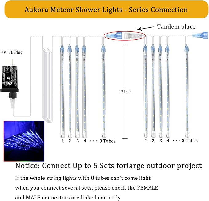 Aukora Christmas Lights Outdoor Meteor Shower Lights 12 inch 8Tubes 192LED UL Certified Falling Rain Drop Snow Icicle String Light for Xmas Tree Christmas Decorations Party Wedding Holiday Yard Blue
