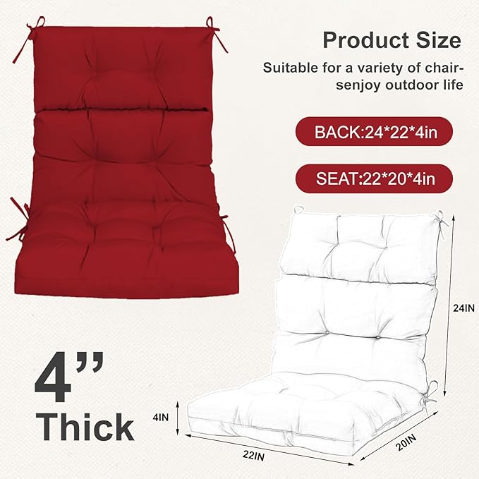 Outdoor High Back Chair Cushions 2-Pack, 44"x22"x 4" Fade-Resistant Waterproof Tufted Pads with Ties for Patio Rocking & Adirondack Chairs (Red)