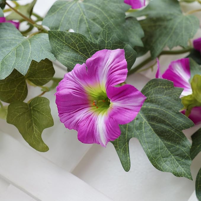 mizii Artificial Petunias Flower Vines Garland 6 Feet Purple Faux Morning Glory Silk Flowers Garland UV Resistant Fake Hanging Vines Plants Decorations for Outdoor Garden Indoor Home Decor (Purple)