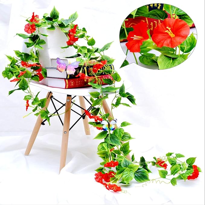 AirSun Artificial Morning Glory Flower Vines, 2pcs 15Feet Hanging Plants Silk Garland Fake Green Plant Home Garden Wall Fence Indoor Outdoor Wedding Birthday Decor