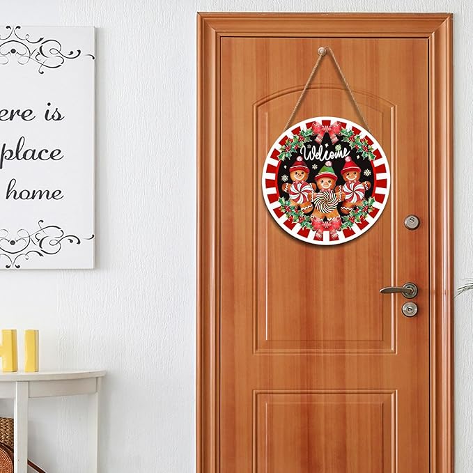 Christmas Gingerbread Man Welcome Door Sign For Front Door Decor,Red White Stripes Holly Berry Wooden Sign 12"x 12" Round Wood Hanging Door Sign Christmas Decoration for Wall Rustic Decor
