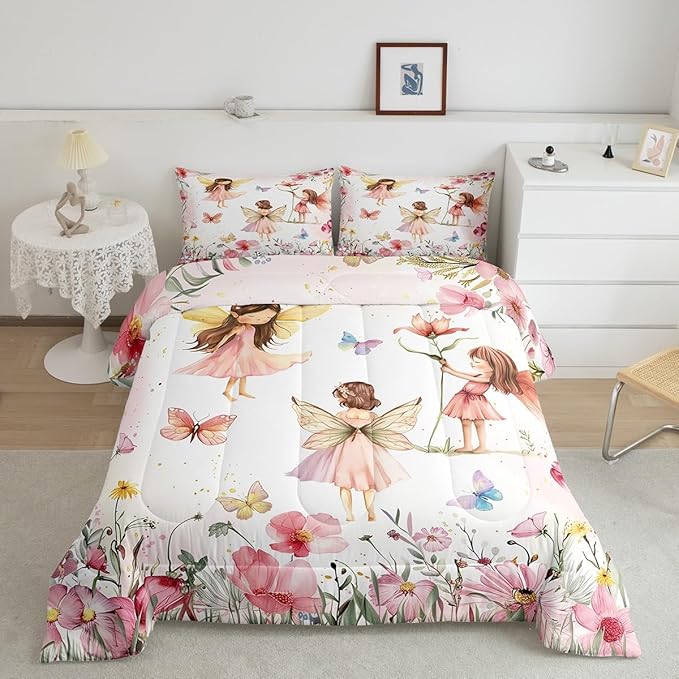 Erosebridal Dreamy Fairy Full Bedding Set,Pink Fairy Garden Comforter Set for Girls Kids,Cute Floral Butterfly Comforter,Princess Girly Coquette Bedroom Room Decor,2 Pillowcases Breathable