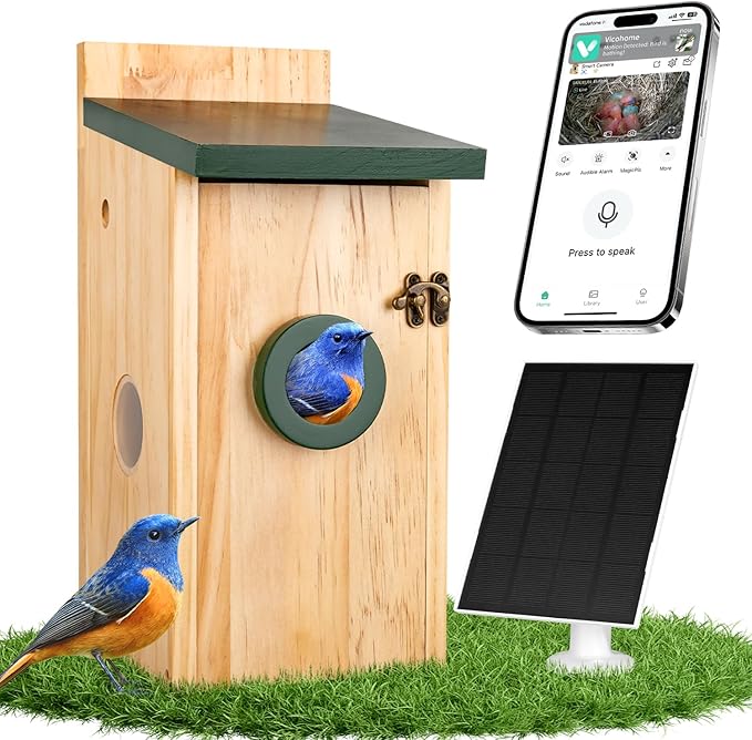 Smart Bird House with Camera, Solar Powered Bird House for Outdoor with 2K HD Cam, 2.4G WiFi, Night Vision, Motion Detection & 16GB SD, Watch Bird Nesting & Hatching in Real Time, Waterproof