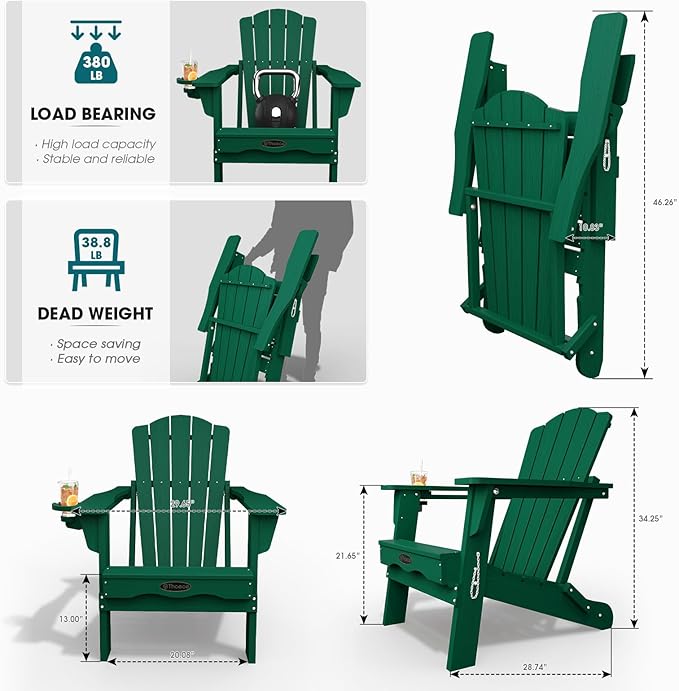 Folding Adirondack Chair Set of 4,HDPE All-Weather Outdoor Chair with Cup Holder,Wooden Textured,Fire Pit Chair,Plastic Patio Chair for Deck,Backyard,Garden,Lawn(Green)