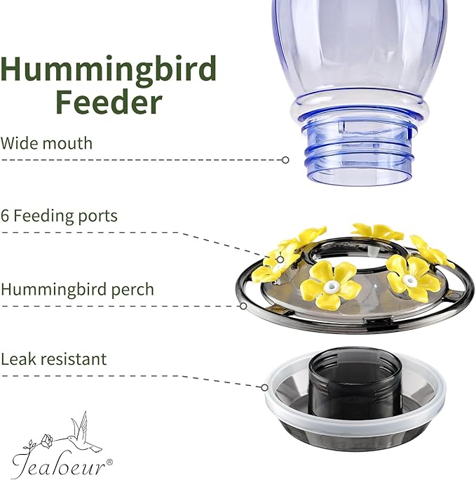 Hummingbird Feeder for Outdoors Hanging, 18 OZ Humming Birds Feeders with 6 Bee Guard Feeding Ports & Built-in Ant Moat, Easy to Clean, Durable Outdoor Garden Decor (Blue 1 Pack-C)