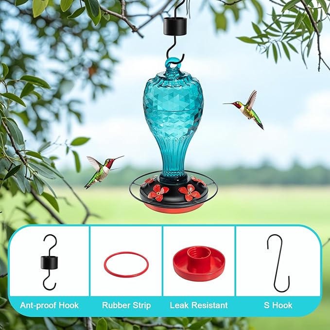 20 OZ Glass Hummingbird Feeders for Outdoors Hanging - Hand-Blown Vibrant Blue Reflective Fish-Scale Design - Attracts More Hummingbirds - Leak-Proof Silicone Seal & Ant Moat - Gift for Mom
