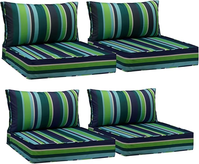 AAAAAcessories Outdoor Seat Cushions for Chairs, Fade-Resistant, Waterproof Patio Furniture Replacement Cushions, 25.5" x 25.5" x 5" + 25.5" x 13.5", Set of 4, Stormy Teal Coastal Stripe