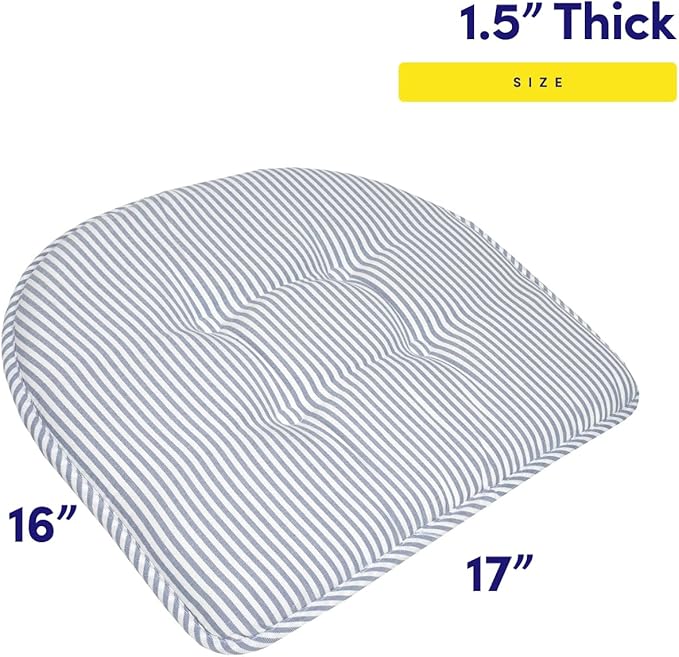 Sweet Home Collection Chair Cushion Memory Foam Pads Tufted Slip Non Skid Rubber Back U-Shaped 17" x 16" Seat Cover, 6 Count (Pack of 1), Pinstripe Blue