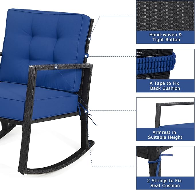 Tangkula Wicker Rocking Chair, Outdoor Glider Rattan Rocker Chair with Heavy-Duty Steel Frame, Patio Wicker Furniture Seat with 5” Thick Cushion for Garden, Porch, Backyard, Poolside (1, Blue)