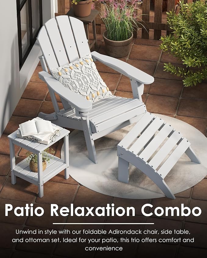 GREENVINES Folding-Adirondack-Chairs-Set-of-2 | HDPE Plastic | Fire Pit Chair | All Weather | Cup Holder | White | for Deck Backyard Patio Outdoor Garden