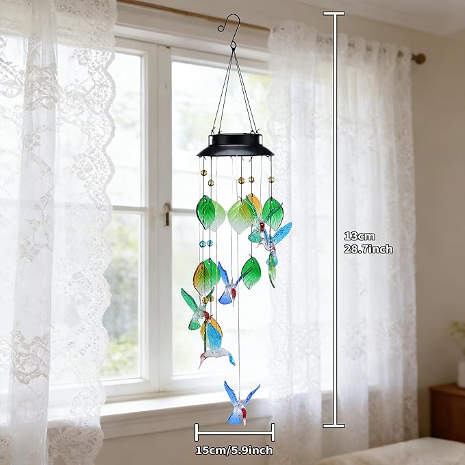 Colorful Hummingbird Wind Chimes with Solar-Powered Flashing Lights, 13 Inch Colorful Shell Hanging Decor for Outdoor Garden Patio Yard Home Indoor Outdoor Wall Window Decor
