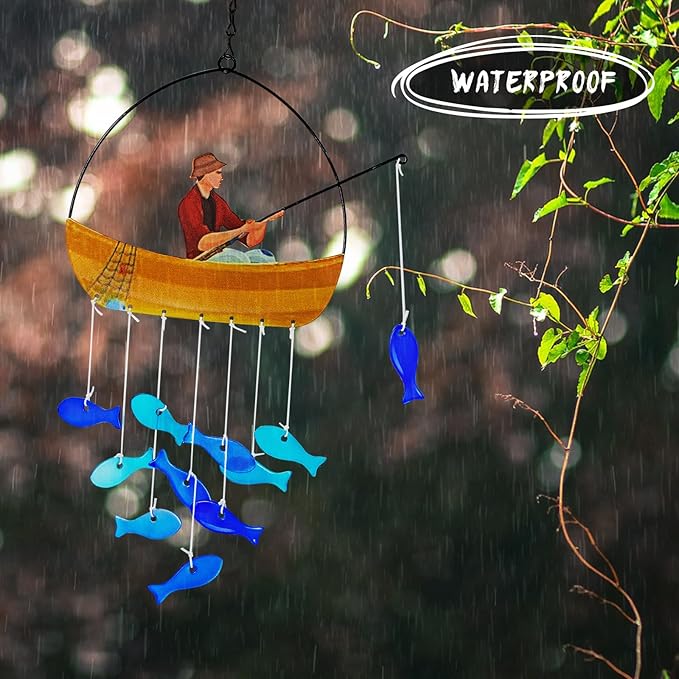 X-PREK 21" Fish Wind Chimes for Outside, Blue Sea Glass Wind Chimes Garden Decor, Windchimes Outdoors Suncatcher Gift for Women, Mom, Grandma, Unisex