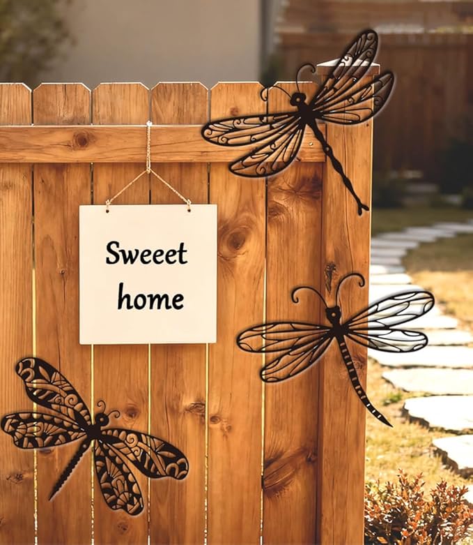 Large 14.56" Dragonflies Metal Wall Decor - 3 Pack Rust-Proof Garden Art Dragonfly Wall Hanging Sculpture for Outdoor & Indoor Yard Fence Outside Decorations - Insects Gift for Women & Nature Lovers