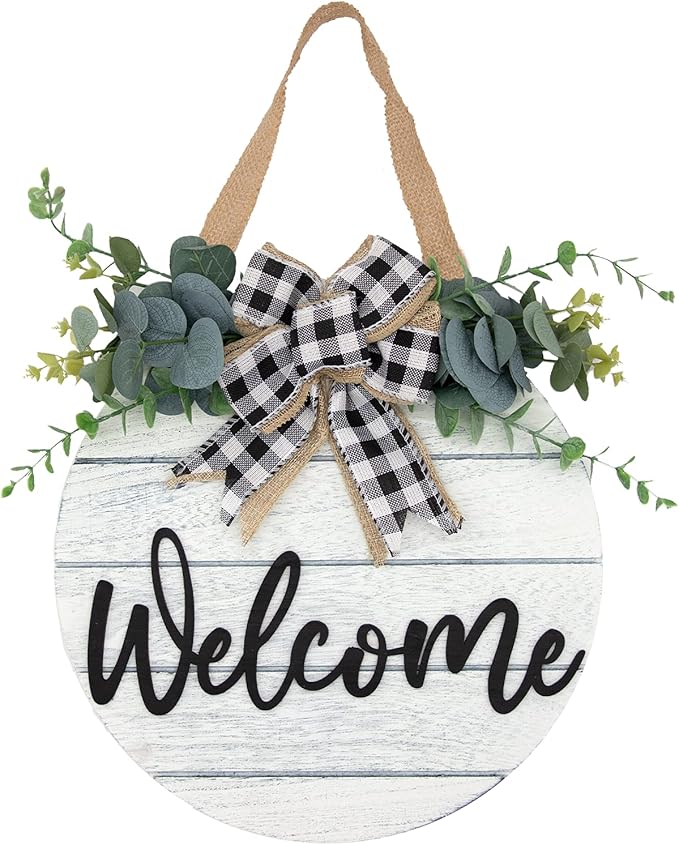 3D Welcome Wreaths for Front Door | White Horizontal Concave Stripes Wooden Farmhouse Welcome Sign for Home Wall Decor