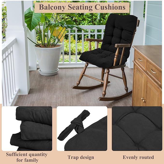 Juexica 4 Sets Outdoor Patio Chair Cushions Seat High Back Tufted Pillow Replacement Rocking Chair Cushions Pads for Patio Summer Seasonal Indoor Home Office(Black)