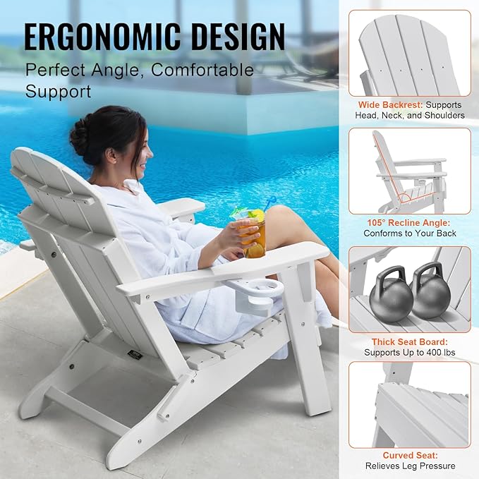 VEVOR Folding Adirondack Chairs Set of 2 with Cup Holder, All-Weather Portable Plastic Fire Pit Chair, Outdoor Adirondack Patio Chair, with Relaxing Arm Rest Ergonomic, for Garden, Backyard, White