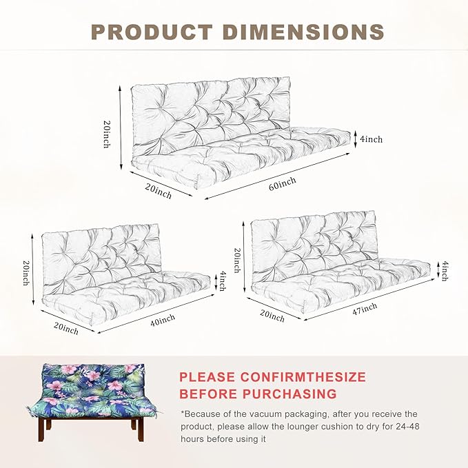 Porch Swing Cushion with Backrest,Waterproof Bench Cushion for Outdoor Furniture,2-3 Seater Replacement Thickened Swing Cushion with Ties,Patio,Outdoor,Backyard and Garden (Tropical Floral,60x40")