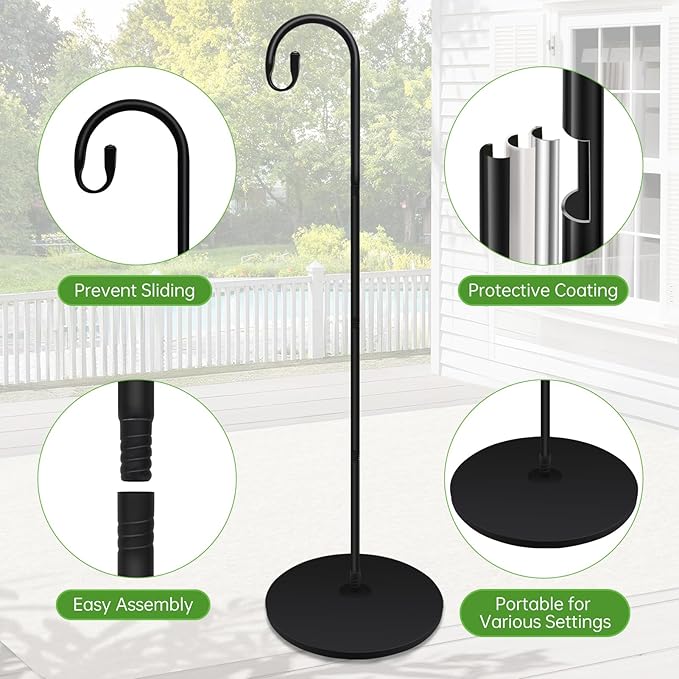 63 Inch Shepherds Hooks for Outdoor Indoor with Round Base Stand, Adjustable Shepherds Hook for Bird Feeder, Lanterns, Wind Chime in Patio Garden