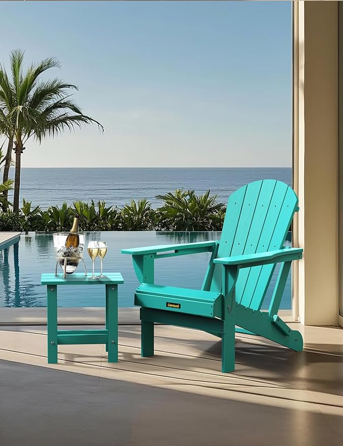Carauci Plastic HDPE Adirondack Chair, Folding Adirondack Chair Weather Resistant with Cup Holder, Wooden Textured Fire Pit Outdoor Chair for Garden, Porch, Lawn, Backyard, Supports 380LBS, Lake Blue