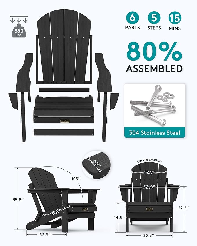SERWALL Folding Adirondack Chairs Patio Chairs Lawn Chair Set of 6 Outdoor Adirondack Chair Weather Resistant for Patio Deck Garden, Backyard Deck, Fire Pit - Black