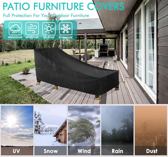WLEAFJ Patio Chaise Lounge Cover Waterproof, Heavy Duty Outdoor Lounge Chair Covers, Black Durable Patio Furniture Covers, 78L x 34W x 32H inch - 2 Pack
