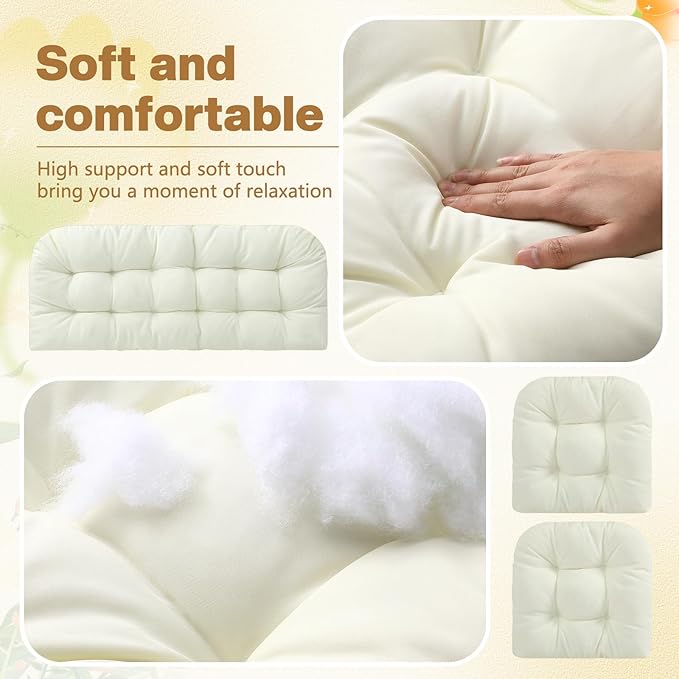 Barydat 3 Pack Wicker Furniture Cushions Waterproof Outdoor/Indoor Tufted Wicker Chair Cushions 1 Loveseat and 2 U-Shape Rattan Chairs for Patio Furniture, Rattan Love Seat, Bench(Cream)