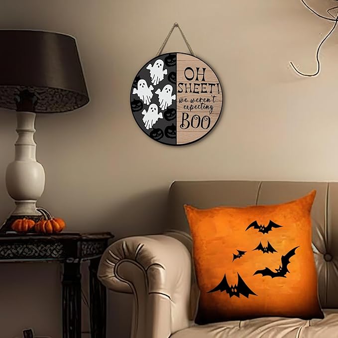 Halloween Spooky Ghost Door Sign for Front Door Horror Boo Pumpkins Door Wall Hangers Welcome Wooden Hanging Sign for Home Party Outdoor Decorations