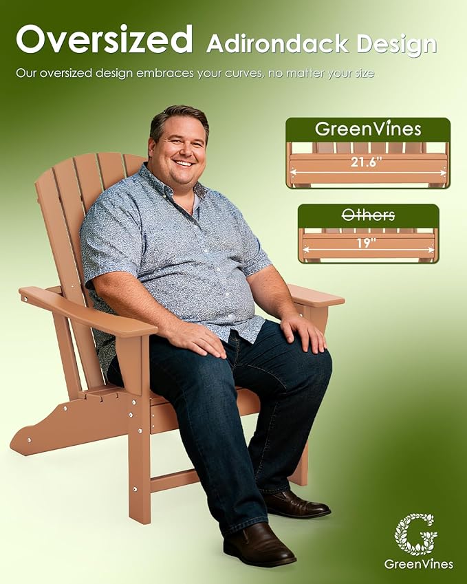 GREENVINES Adirondack Chairs Set of 2 | HDPE Plastic | Oversized Fire Pit Chair | All Weather | Teak | Poly Lumber | for Outdoor Deck Backyard Patio Garden