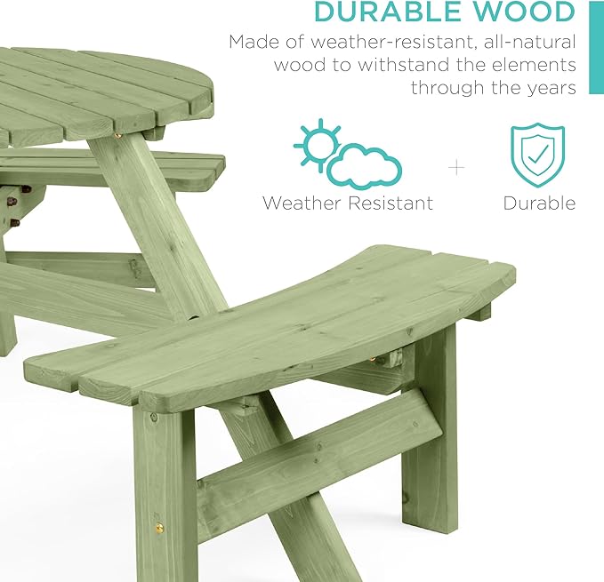 Best Choice Products 6-Person Circular Outdoor Wooden Picnic Table for Patio, Backyard, Garden, DIY w/ 3 Built-in Benches, 500lb Capacity - Sage Green