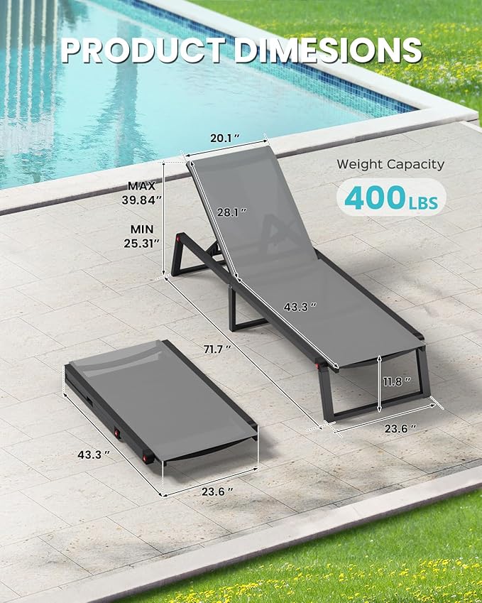 Aluminum Patio Chaise Lounge Set of 2 with 1 Side Table, Foldable Outdoor Pool Lounge Chairs 5-Position Recliner for Outside Poolside, Fully grounded legs Sun Lounger for Beach, Yard, Dark Grey
