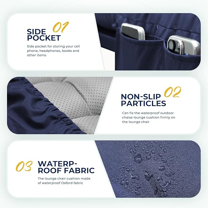 Outdoor Chaise Lounge Chair Cushion Waterproof 74.4 x 22 x 4.7 Inches Lounge Chair Cushions Replacement for Outdoor Furniture with Ties and Pocket, Thickened Pool Lounge Chair Cushions, Blue