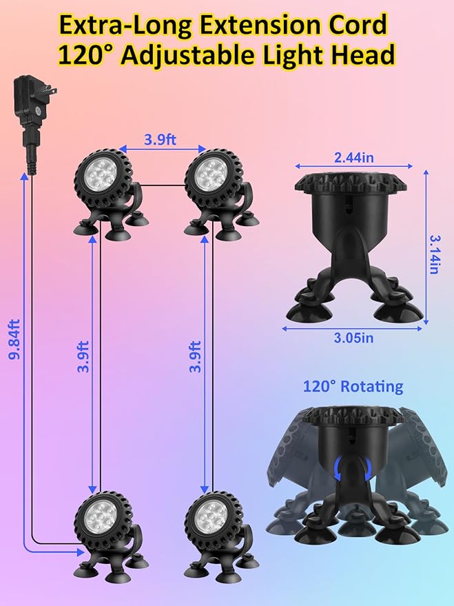 T-SUN Colored Pond Lights with Timer,LED Underwater Pond Light Submersible Fountain Lights for Fish Tank Landscape Spotlight-Remote Control, IP68 Waterproof, Aquarium, Yard (4 Heads)