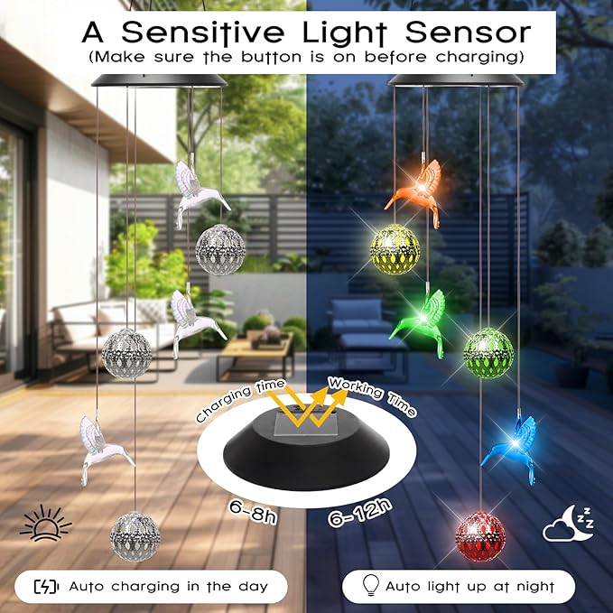 VIHOSE Solar Wind Chimes Lights Outdoor, Color Changing Hanging Solar Wind Chime, Hummingbird Moroccan Ball Mobile LED Lights for Outside Garden Yard Patio Decor, Waterproof