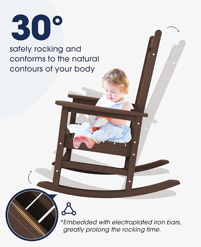 KINGYES Outdoor Rocking Chair, All-Weather Patio Rocking Chairs for Porch, HDPE Rocking Outdoor Chairs with High Back for Adult, Heavy Duty Outdoor Patio Rockers for Garden, Lawn, Coffee